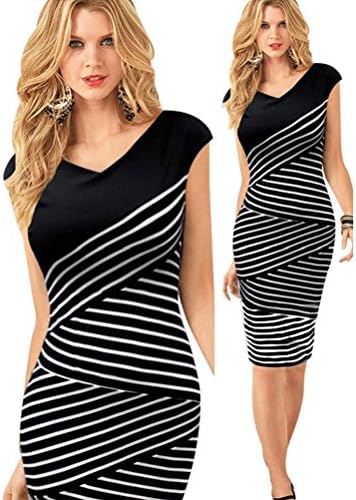 Eli Fashion(TM) Lady Office Striped Contrast Bodycon Pencil Dress Short Sleeve V- Neck(M)