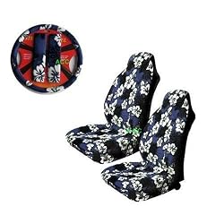 A Set of 5 Pc. Universal-fit Hawaiian Front Bucket Seat Cover, Steering Wheel Cover and Shoulder Harness Pressure Relief Cover - Blue Hawaii Hibiscus Floral Print