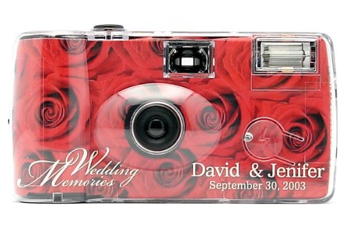 10 Pack Personalized Red Rose Wedding Cameras - Matching Table Cards Included - 27 Exposures - Built-in-flash - 35mm - 400 ISO Film