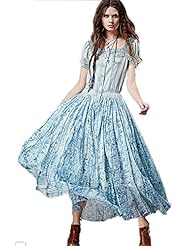 Sexy Summer Vintage Denim Puff Sleeves Maxi Dress 