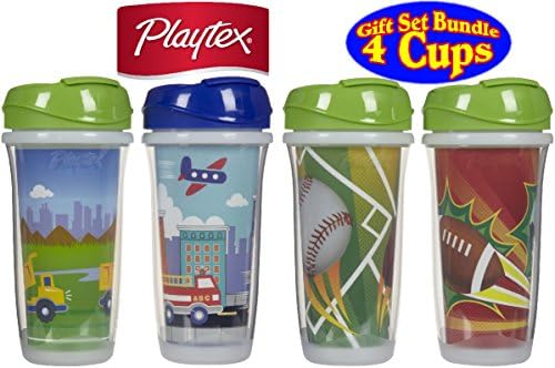Playtex Playtime Insulated Spill-Proof Spoutless Cups Sports (2 Count) & Vehicles (2 Count) Gift Set Bundle - 2 Pack (4 Cups Total)