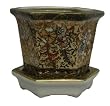 Gold filigree planter with saucer tray - porcelain, Golden Plum Blossom design 5"