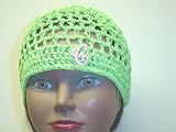 Cp111, Hand Crocheted Lime Green Gimp Skull Cap with Ivory Monogram for Men, Women and Teens