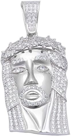 Pink Cookie Large Heavy 4Ct Cubic Zirconia Jesus Head Silver Tone Pendant 2.25"
