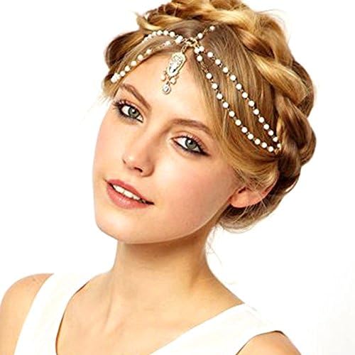 CHN'S Women Girls Fashion White Pearl Vintage Head Chain with Hydraulic Drill Metal Headband Hair Band Headwear Accessories Set