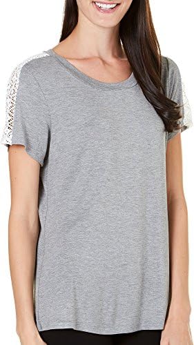 C'est La Vie Womens Crochet Lace Shoulder Top Small Heather grey/beige