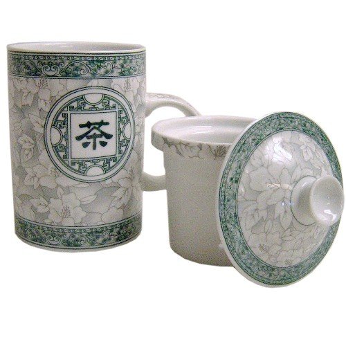 Ceramic Tea Infuser Mug with Flowers & Asian Script