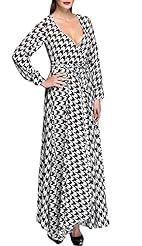 Sexy V-neck Houndstooth Print Long Sleeves Polyester/Spandex Belted Party Dress/Maxi Dress 
