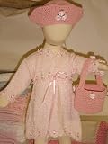 D81eb82, Knitted Baby Pink Chenille Infant Dress Trimmed with Daisies and Carnation Trimmed Hat and Basket