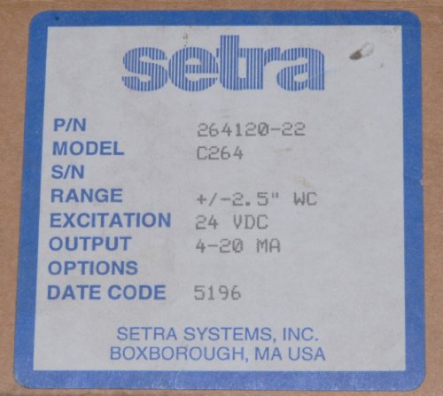 Setra Differential Pressure Transducer 264120-22 C264 +/- 2.5" WC (1A)