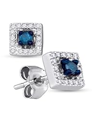 10K White Gold Round Brilliant Cut Blue and White Diamond - Square Princess Shape Halo Prong Set Studs Earrings with Secure Push Back Closure - (1/4 cttw.)
