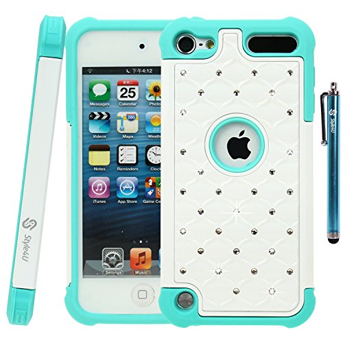 iPod Touch 5 / iPod Touch 6, Touch 5 / Touch 6 Case, Style4U Studded Rhinestone Crystal Bling Hybrid Armor Case Cover for Apple iPod Touch 5 / iPod Touch 6 with 1 Stylus [White / Mint Green]