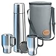 Isosteel VA-9600B Touring-Set: 1x 0,9 L Vakuum-Isolierflasche aus 18/8 Edelstahl mit Quickstop-Einhandausgie�system +  2x Auto-Isolierbecher 0,4 L mit Trinkdeckel u. Anti-Rutsch-Boden