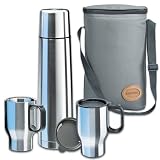 Zoom Produkt-Bild: Isosteel VA-9600B Touring-Set: 1x 0,9 L Vakuum-Isolierflasche aus 18/8 Edelstahl mit Quickstop-Einhandausgie&szlig;system +  2x Auto-Isolierbecher 0,4 L mit Trinkdeckel u. Anti-Rutsch-Boden