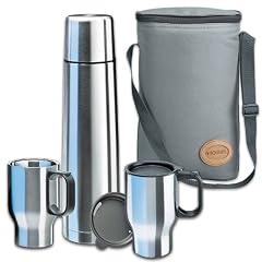Isosteel VA-9600B Touring-Set: 1x 0,9 L Vakuum-Isolierflasche aus 18/8 Edelstahl mit Quickstop-Einhandausgie�system +  2x Auto-Isolierbecher 0,4 L mit Trinkdeckel u. Anti-Rutsch-Boden