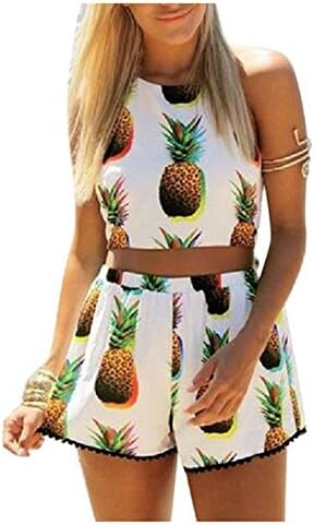 Women's 2-Piece Pineapple Pattern Halter Crop Tops Shorts (S)