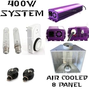 400w Watt Digital Dimmable Ballast Hydroponic Grow Light System with Air Cool 8 Panel Reflector and Metal Halide(MH) and High Pressure Sodium(HPS) Light Bulbs, Cord + Yoyo Hanger