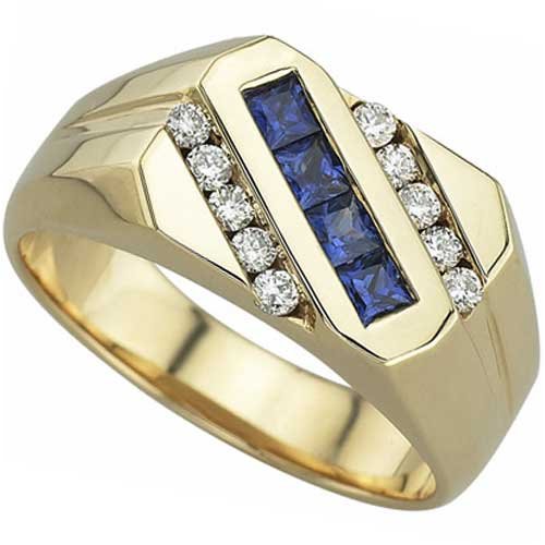 14kt Yellow Gold Angle Way Blue Sapphire and Diamond Men's Ring