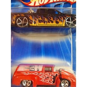 Hot Wheels Detailed Diecast Chevy Silverado Black With Flames & Bike FTE - '56 Custom Ford Auto Parts Delivery Red With Flames Scale 1:64