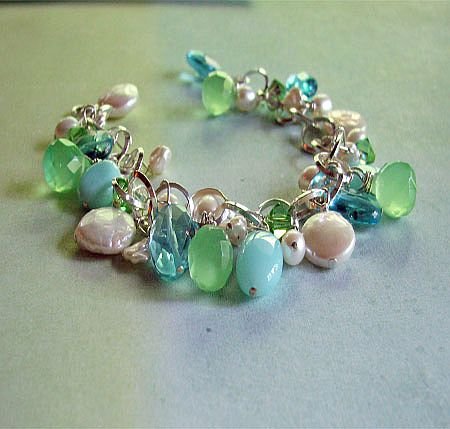 Click here to buy Blue and Green Quartz, Freshwater Pearl, Peruvian Opal & Swarovski Crystal Dangle Bracelet.