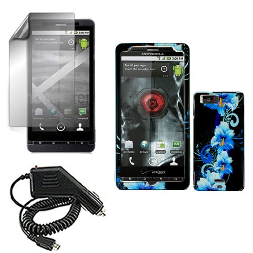 Motorola Droid X MB810 Combo Blue Flower Protective Case Faceplate Cover + LCD Screen Protector + Rapid Car Charger for Motorola Droid X MB810
