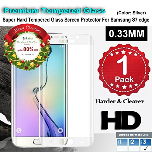 Samsung S7 edge-Silver Premium Tempered Glass Screen Protector (1 Pack) Super Hard 0.33mm By Jimkev 2.5d-Extreme Hard Series (Samsung S7 edge-SilverHalf Transparent
