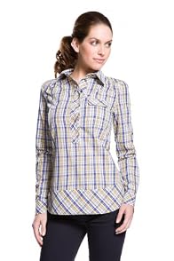 Long Roll Sleeve Plaid Snap Henley Placket Woven Top