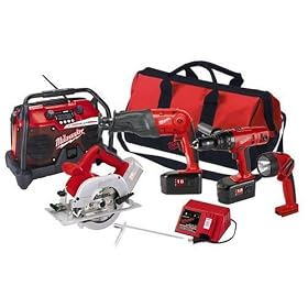Milwaukee 0923-25 18-Volt Cordless 4-Tool Combo Kit, includes 1/2-Inch Lok-Tor Hammer Drill, "The Hatchet" Sawzall, Circular Saw, Radio, and Worklight
