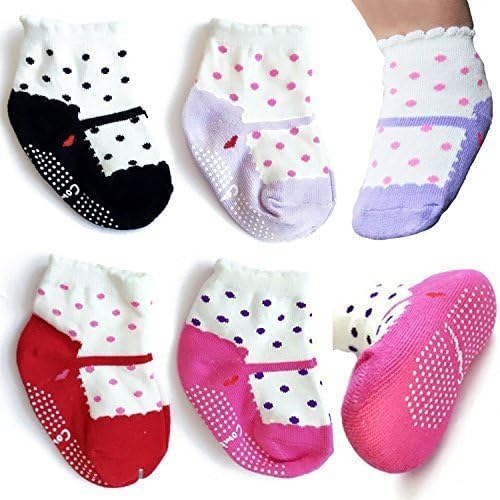 4 Pairs 6-18 Months Baby Girl Socks Newborn Toddler Girl Anti Slip Skid Mary Jane Socks + Thank you Card, Dots No-Show Crew Boat Socks Footsocks sneakers