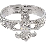 Crystal Rhinestone Fleur de Lis Hinged Bangle Bracelet in Silver Tone