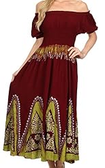 Cap Sleeves Rayon Full-Skirt Embroidered Shirred Empire   Waistline Peasant Dress/Evening Dress 