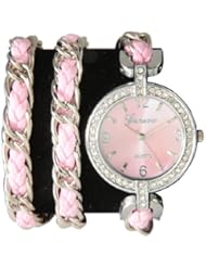 Geneva Pink w/ Silver Twisted Rope Chain Triple Wrap Watch Toggle Clasp w/ Rhinestones