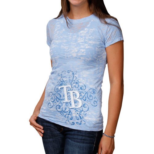 Tampa Bay Rays Ladies Scroll Burnout Premium Crew T-shirt - Light Blue (Medium)