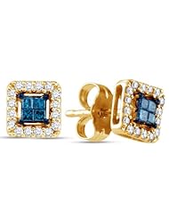 14K Yellow Gold Princess Cut Blue and White Diamond - Square Princess Shape Invisible & Channel Set Studs Earrings with Secure Push Back Closure - (1/4 cttw.)