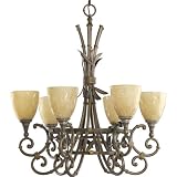 Progress Lighting P4423-127 Six-Light Chandelier with Antique Mist Glass and Etched Bamboo Pattern, Burnished Ebony