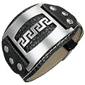 New Mens Black Cuff Style Pvc Bracelet with Stainless Steel Greek key Design, Length 22cms.