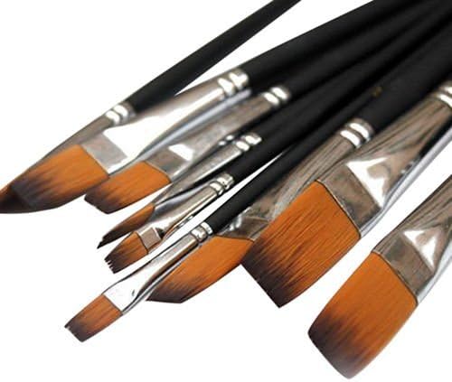 Flat Head Set of 9X Professional Watercolor Oil Acrylic Artist Paint Brush Set Nylon Tip Amazing, Long Wooden Handles