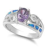 Rhodium Plated Sterling Silver Wedding & Engagement Ring Blue Opal, Amethyst CZ Prong Set Ring 8MM ( Size 6 to 10)