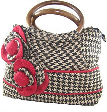 Irie Threads Handmade Hand Crafted Beige and Black Print Houndstooth with Red Piping Round Wooden Handles Fully Lined Burlap Handbag