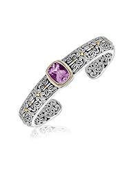 18K Yellow Gold and Sterling Silver Intricate Baroque Style Amethyst Cuff Bangle