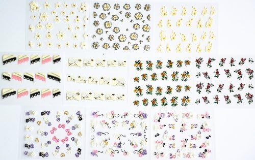 10pcs/package nail stickers decals multi mix designs including white flowers with gold/glitter butterflies/glitter flowers/colorful flowers/white roses/french semi-paste nail decals/etc.