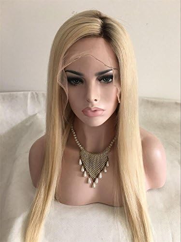 Wigstide Hot Sale Natural Straight Blond Dark Root 100% Human Hair Lace Front Wigs (18 Inches, Same As Picture)