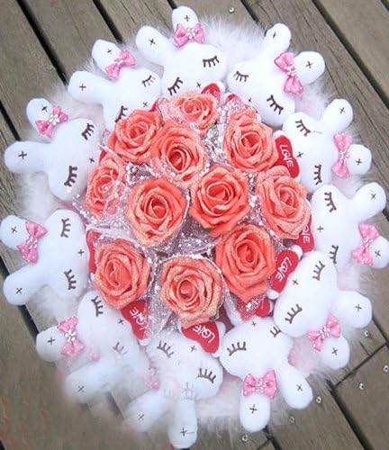 11 Love Rabbit, 11 Gold Roses Cartoon Bouquet of Flowers on Valentine's Day (white)