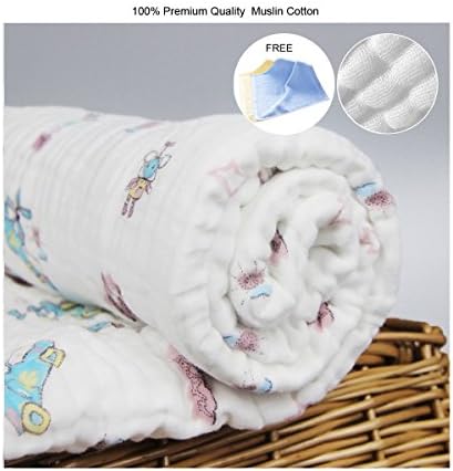 Ultra Soft 6 Layers Muslin Cotton Dual Warm Baby Blanket,Multi-use Baby Swaddle ,Lovely Baby Bath Towels , Play Mat,Muslin Swaddle 59"X78" , 2 FREE Premium Bamboo Baby Washcloth