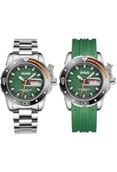 Jiusko Mens Deep Sea Analog Quartz Dive Watch Set - 300m Diver - Sapphire - Stainless Steel Bracelet and Green Rubber Strap Set - Green Dial - Big Day Date - 120LB16