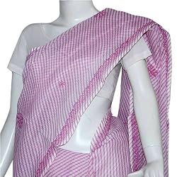 Fashion Saris in Chikan Embroidery on Cotton Pink and Offwhite Stripes (chsari107)