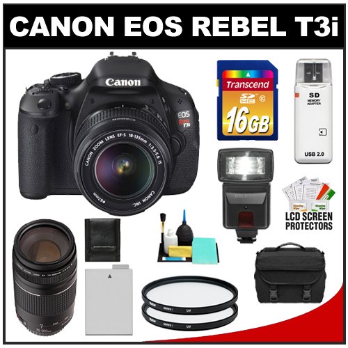 Canon EOS Rebel T3i 18.0 MP Digital SLR Camera Body & EF-S 18-135mm IS Lens with 75-300mm III Lens + 16GB Card + Battery + Case + (2) Filters + Flash + Cleaning Kit