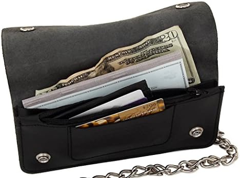 Mens Trucker Biker Leather Steel Chain Bifold Wallet Silver Eagle Head 7.5" x 3.5"