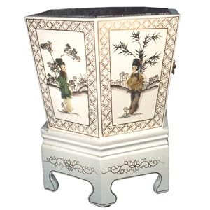 Chinese white lacquer hexagon planter with soapstone figures - tin lined, hand painted by Reorient
