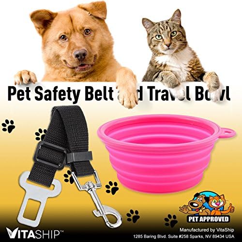Travel Collapsible Dog Bowl and Dog Seat Belt Harness Clip Gift Set by VitaShip - The BEST Pet Travel Bowl for Water &amp; Food Bowls in Vibrant Colors - Amazon A to Z Guarantee (Pink)